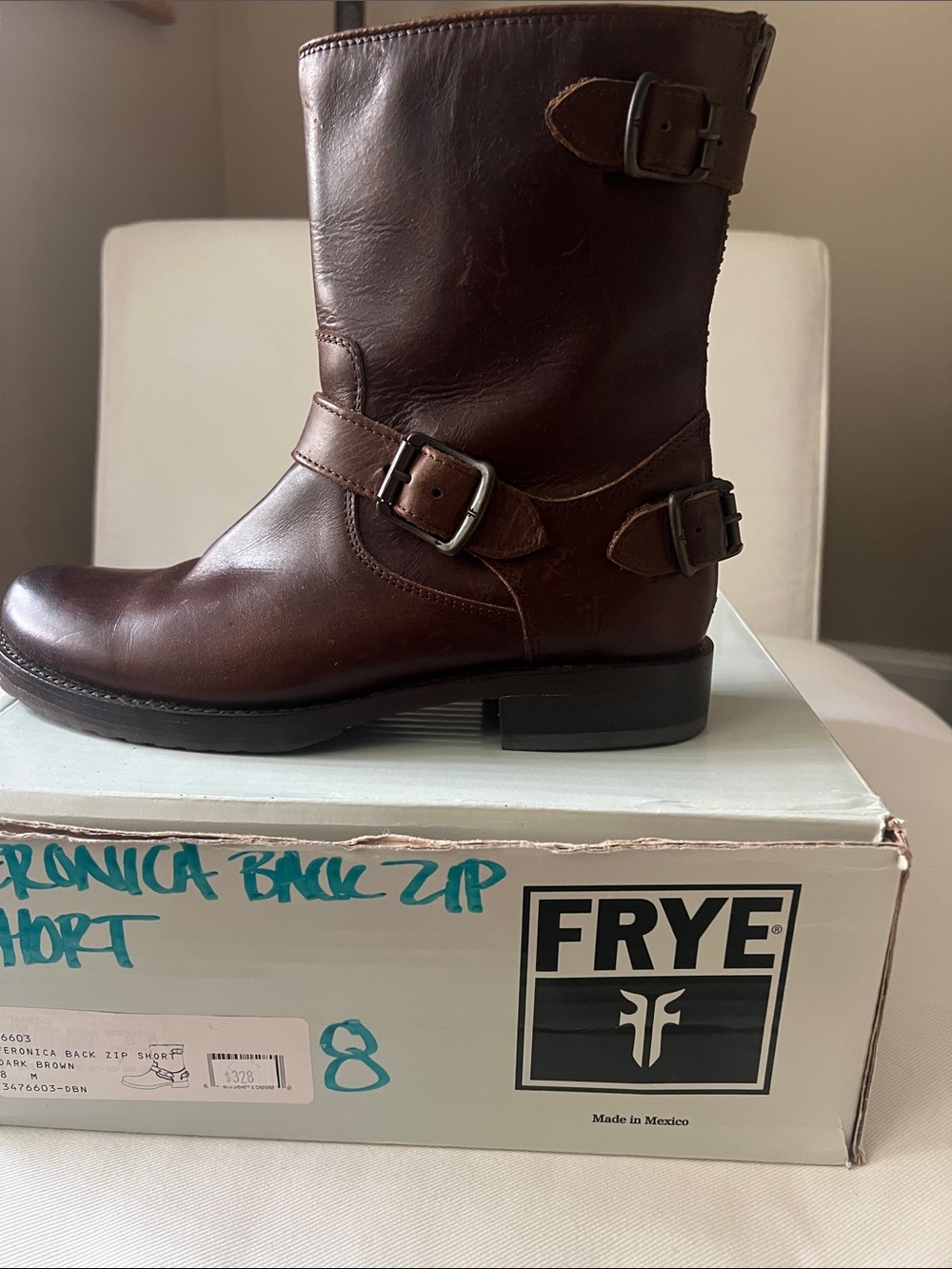 Frye. Veronica Back Zip Boots Short Dark Brown- never worn.